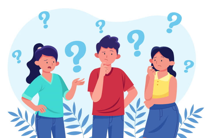 Illustration of three people trying to make a decision. They are surrounded by question marks.