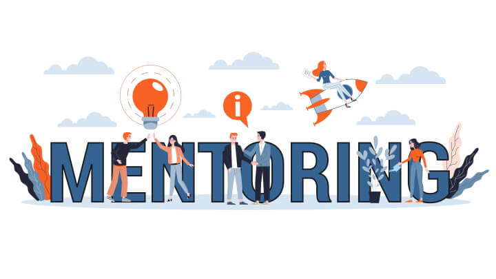 Illustration of the word mentoring with people around