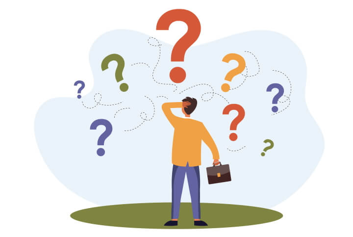 Illustration of a man holding a briefcase looking at question marks.