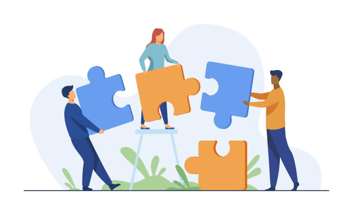 Illustration of a team working together to put puzzle pieces together