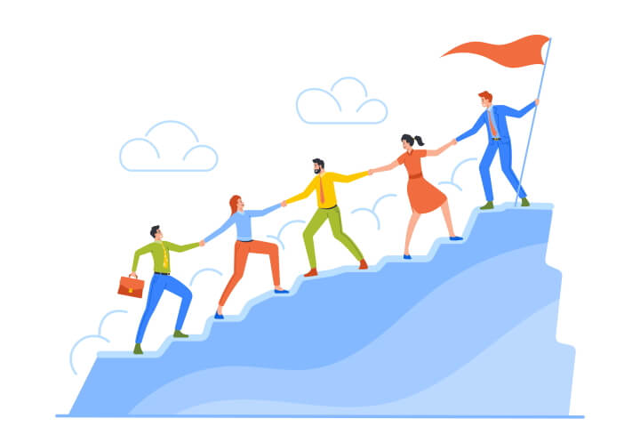 Illustration of a team holding hands, climbing a mountain with the leader in front holding a flag.
