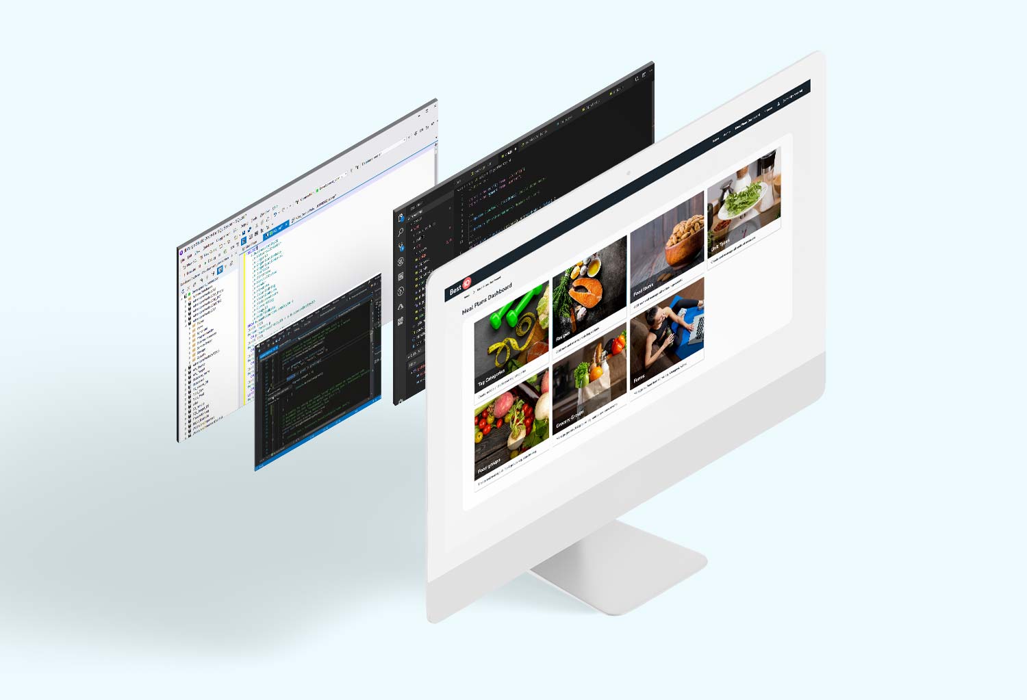 Graphic showing multiple stacked screens to depict front-end development concept