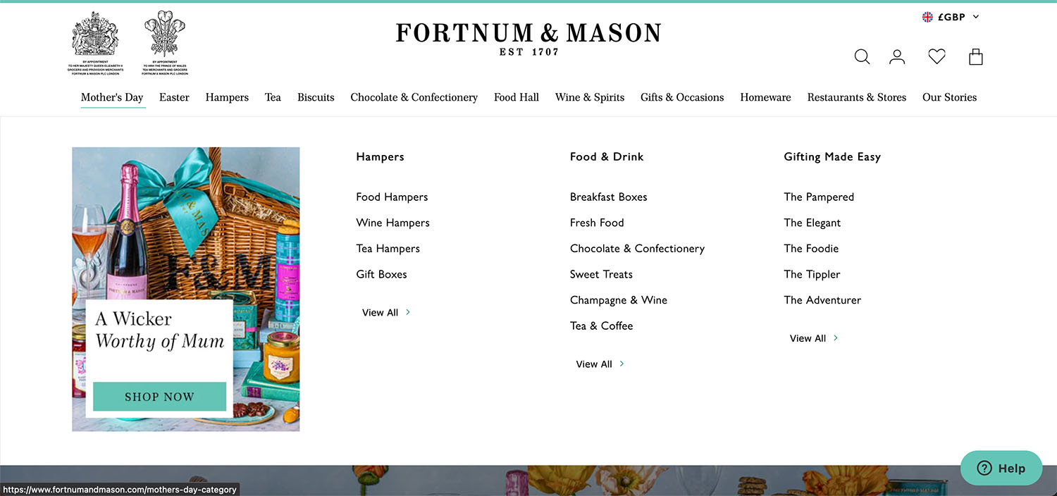 Fortnum and Mason Website mega menu