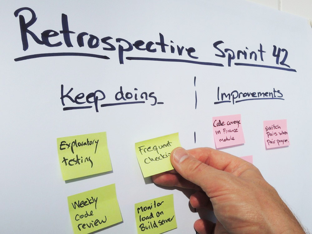 Placing a keep doing note during retrospective meeting held at the end of the sprint in a scrum managed project. Scrum is an agile project management method mostly applied to software development projects.