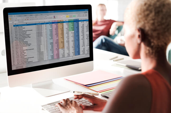 A woman working in Excel on a computer.