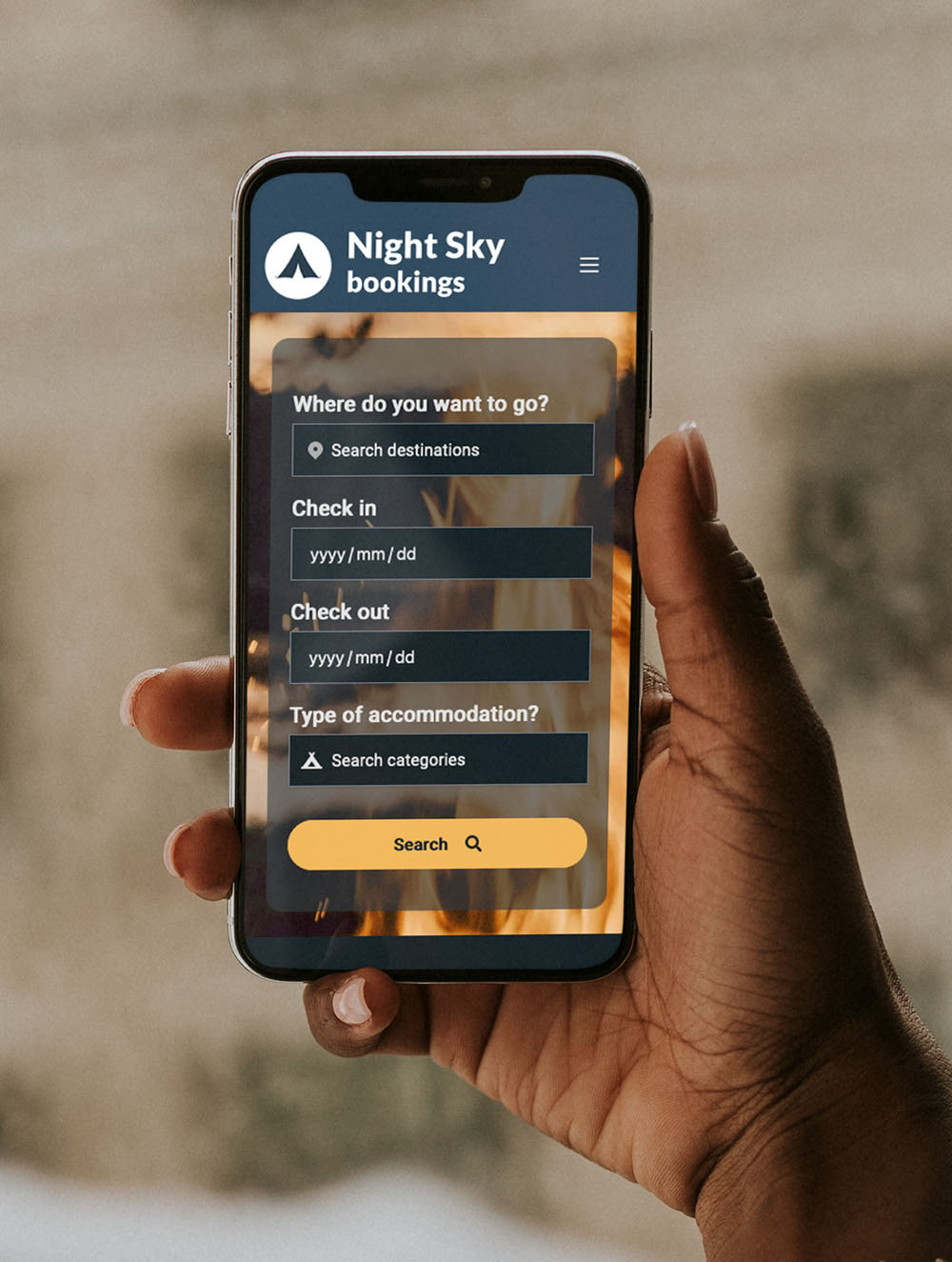 Night Sky Bookings web app by KRS on a mobile phone