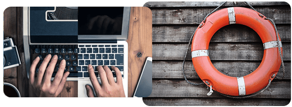 Image collage showing a life buoy and another image of hands typing on a hybrid old and new laptop